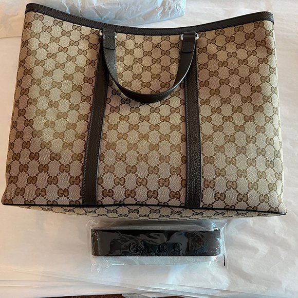 Gucci GG Canvas Dark Brown Signature Handbag Large Leather Weekender Tote Bag NW - Picture 6 of 9